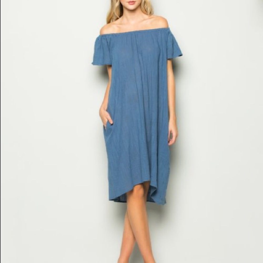 Blue Off-Shoulder Midi Shift Dress💙